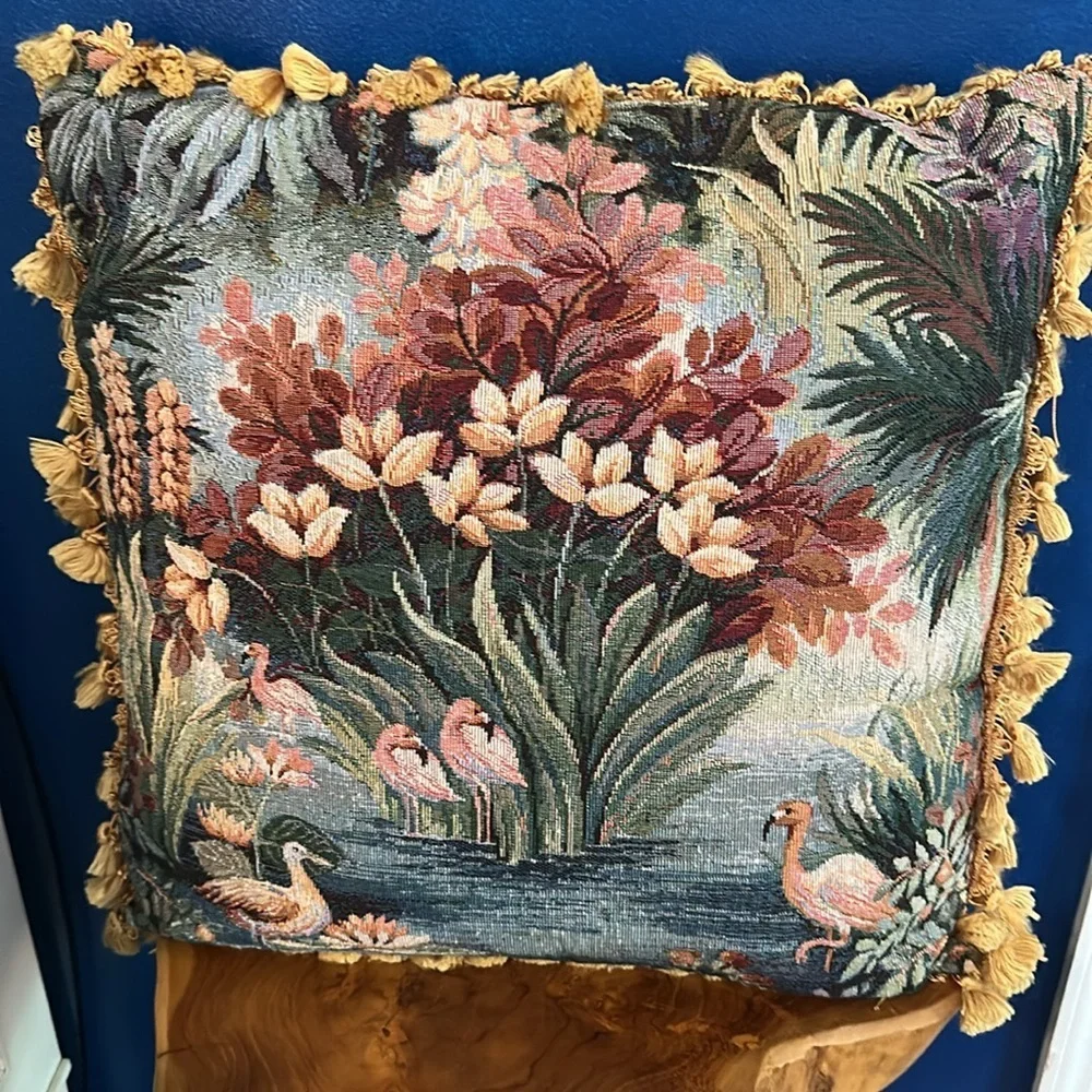 Vintage Set of 2 Floral French Tapestry Satin Back Throw Pillows with Fringe 20”